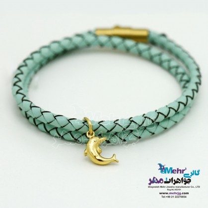 دستبند طلا و چرم - طرح دلفین-SB0815